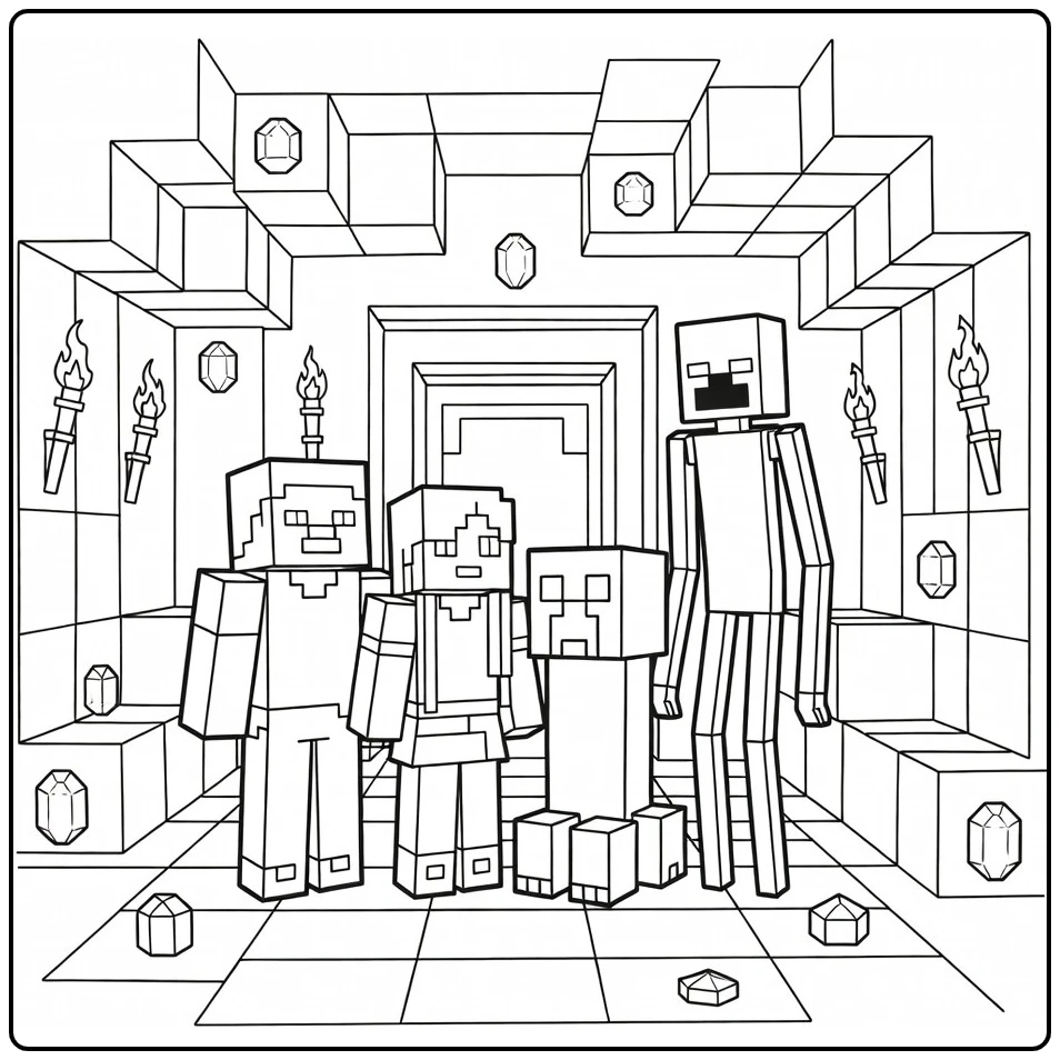 Game kleurplaat Minecraft: Steve, Alex, Creeper, Enderman samen