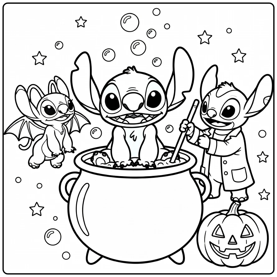 Stitch Halloween kleurplaat met Stitch in heksenketel