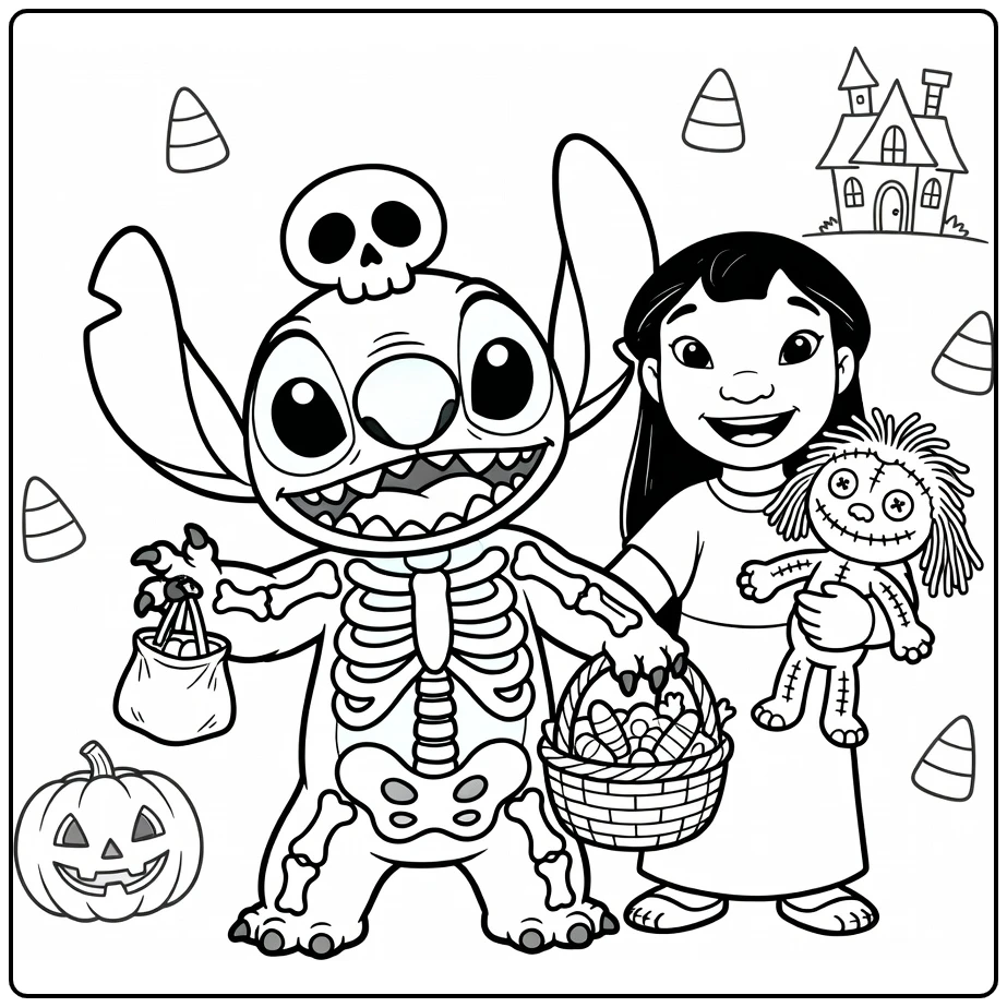Stitch halloween kleurplaat: skeletkostuum, Lilo, Scrump, pompoen