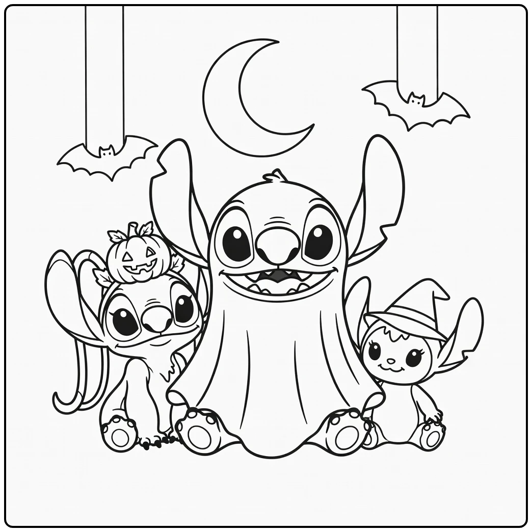 Stitch halloween kleurplaat: spook Stitch met Angel, Scrump