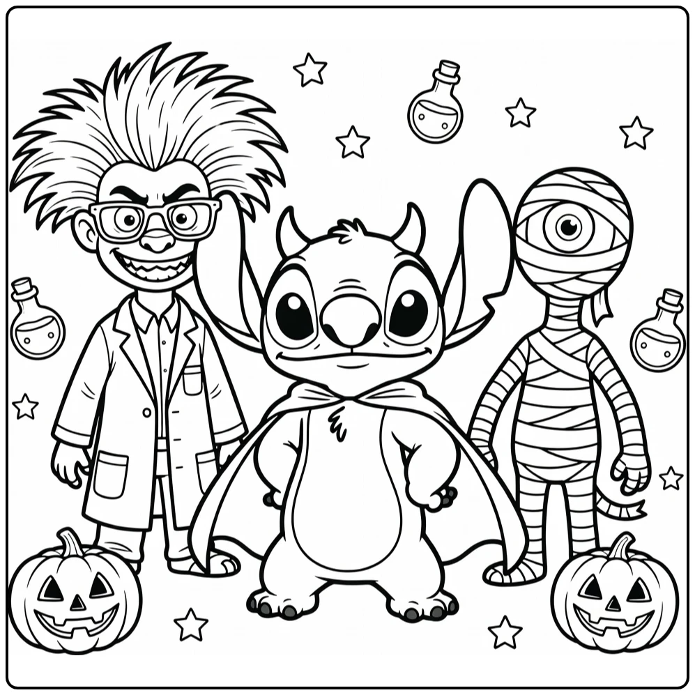 stitch halloween kleurplaat: Stitch als duivel met horens en cape