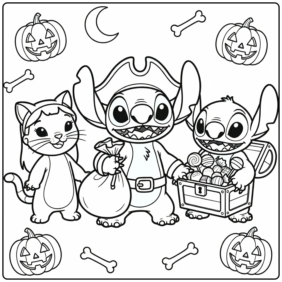 stitch halloween kleurplaat: piraat Stitch, Lilo kat, Jumba snoep