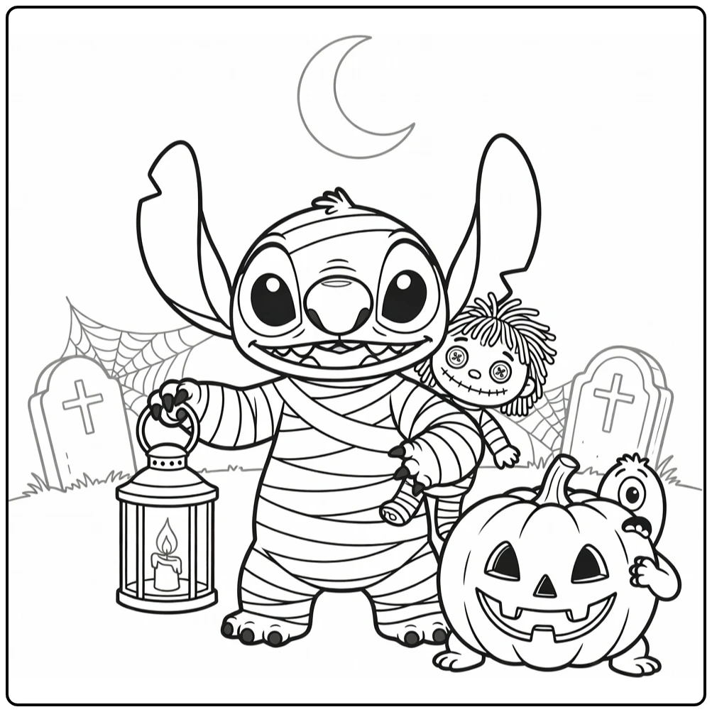 Stitch halloween kleurplaat: mummie met lantaarn, Scrump
