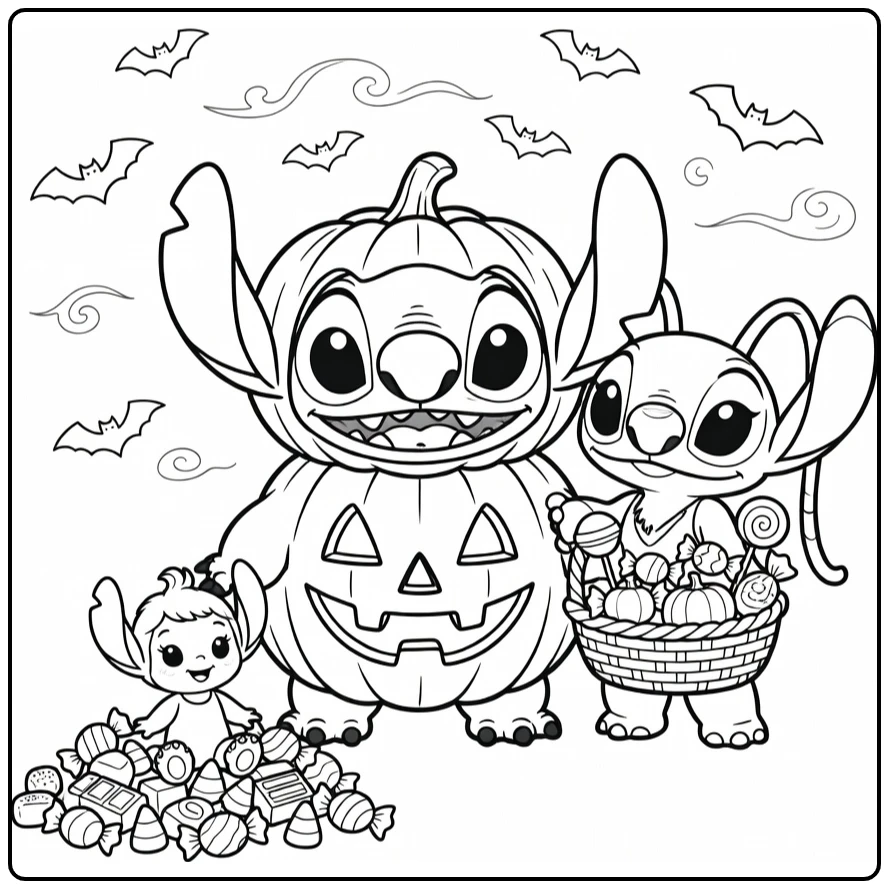 Stitch Halloween kleurplaat met Angel, Scrump en vleermuizen