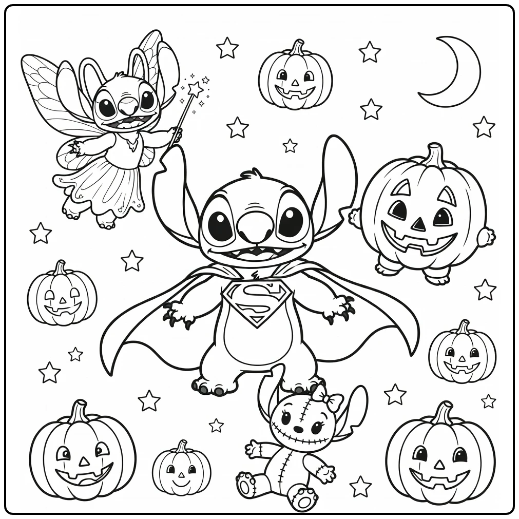 stitch halloween kleurplaat: Stitch superheld met cape, Angel fee