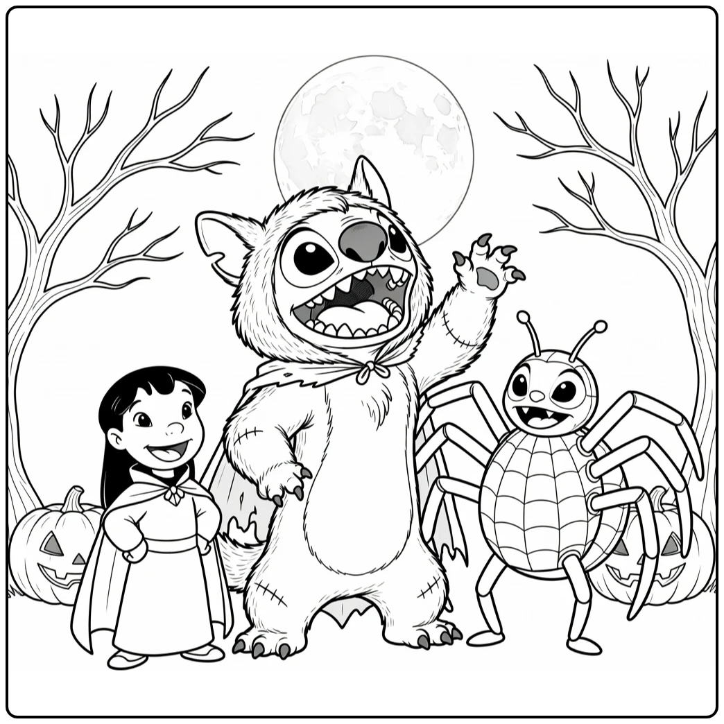 stitch halloween kleurplaat: weerwolf Stitch huilt naar maan met Lilo vampier