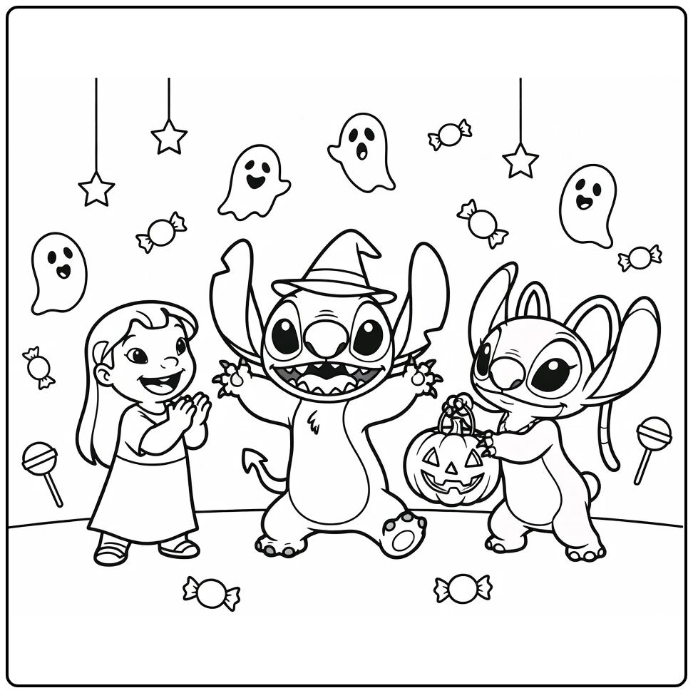 stitch halloween kleurplaat Stitch danst met heksenhoedje Lilo Angel