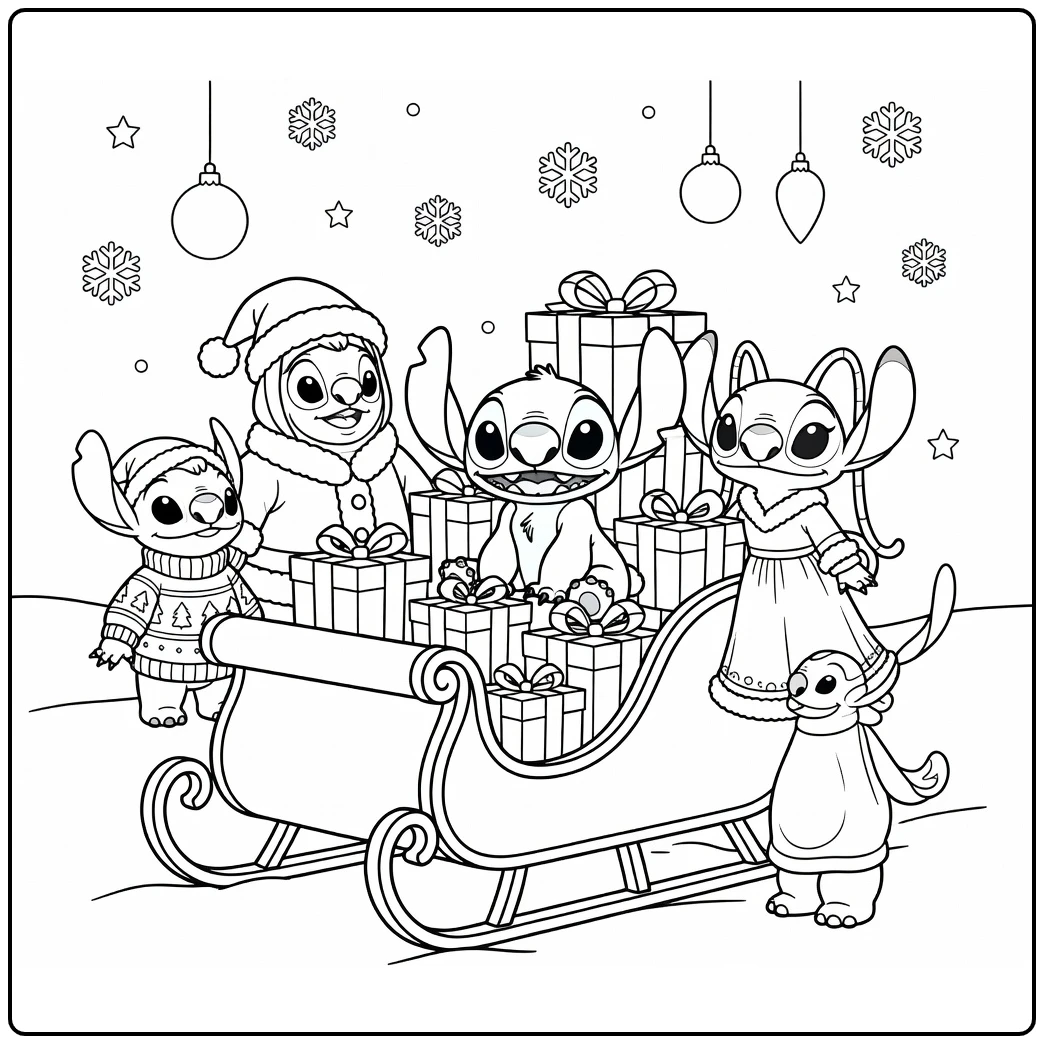 Stitch kerst kleurplaat: Stitch in slee vol cadeaus