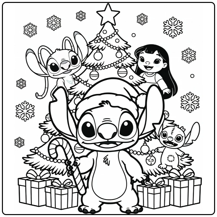 stitch kerst kleurplaat met Stitch in kerstmuts en zuurstok