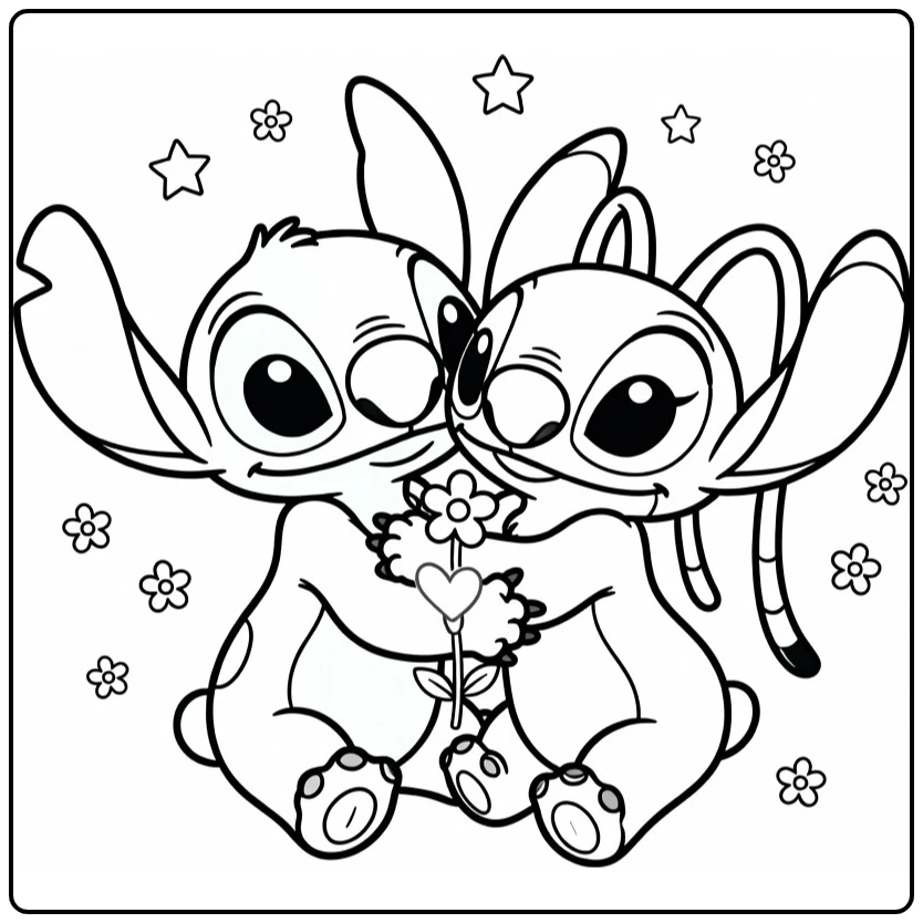 Stitch kleurplaat makkelijk: Stitch knuffelt Angel met hartbloem