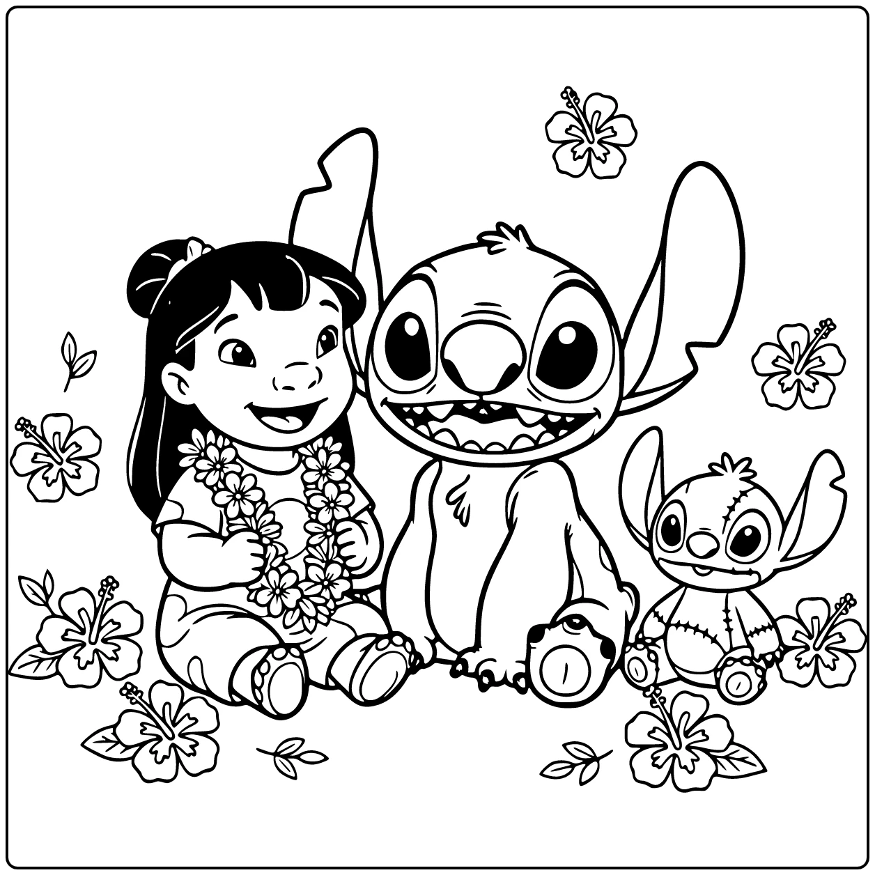 Stitch kleurplaat makkelijk: Stitch zit met Lilo en bloem