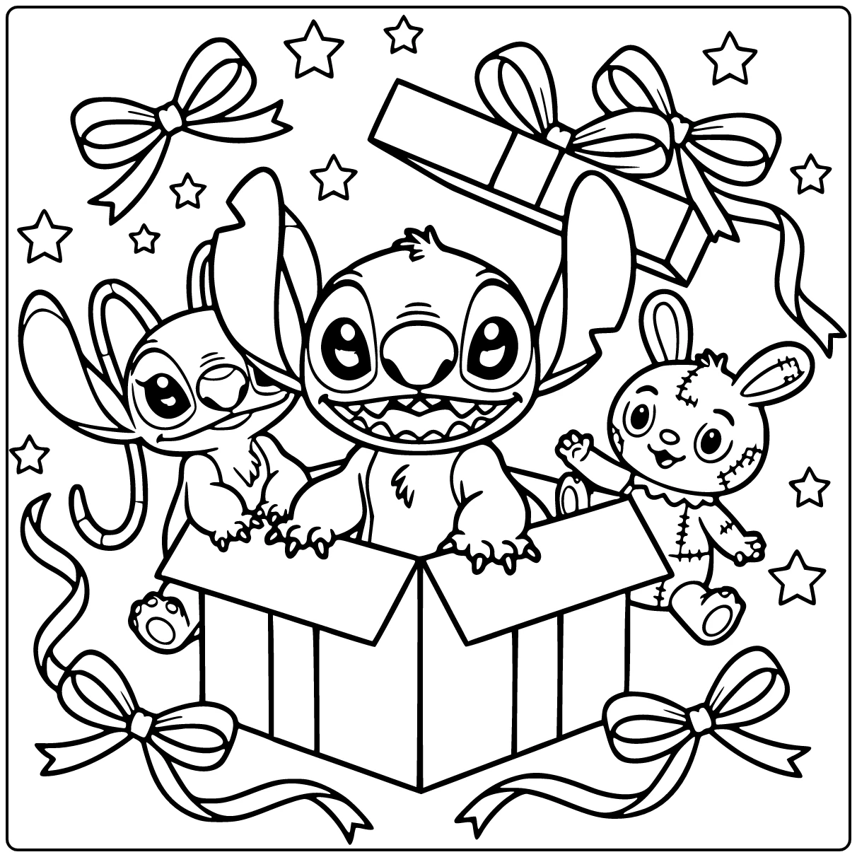 Stitch kleurplaat makkelijk: Stitch gluurt uit cadeaudoos met engel