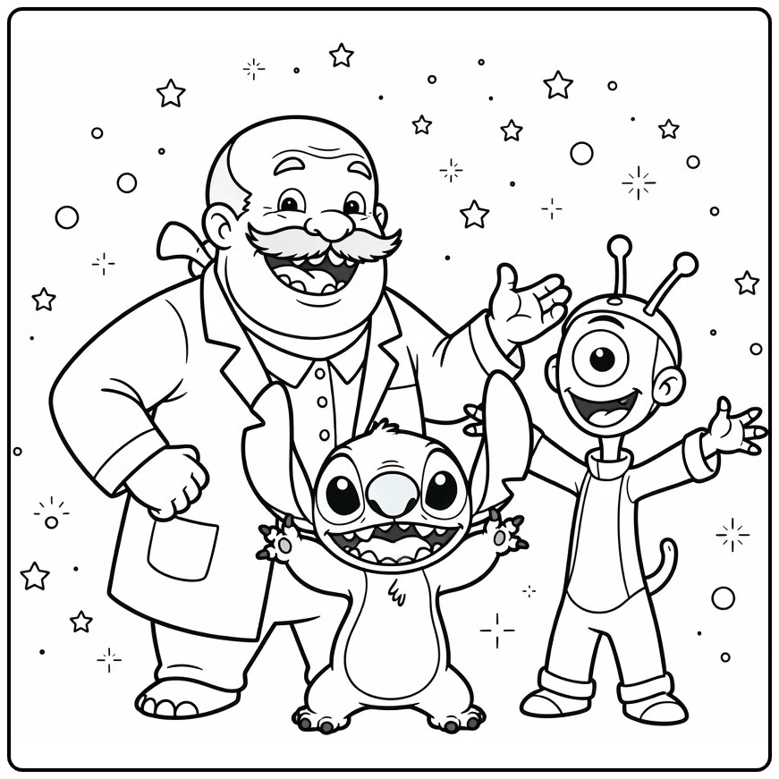 stitch kleurplaat makkelijk met Jumba en Pleakley