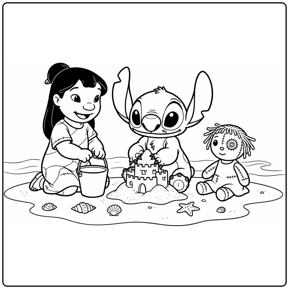 stitch kleurplaat makkelijk: Stitch bouwt zandkasteel met Lilo