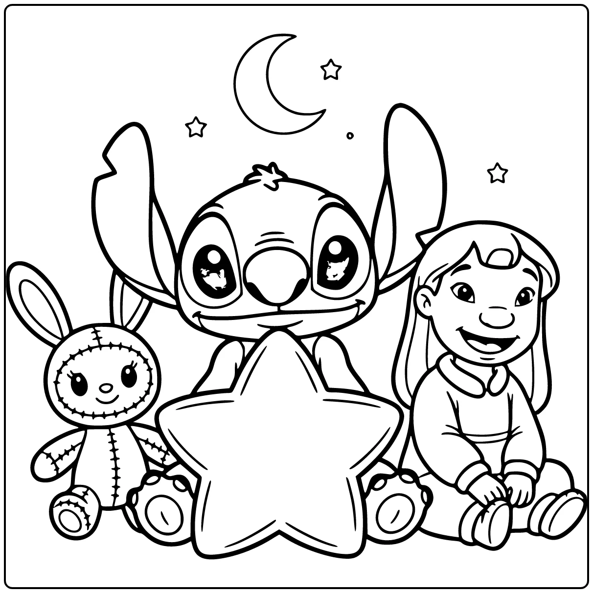 stitch kleurplaat makkelijk Stitch met groot ster kussen