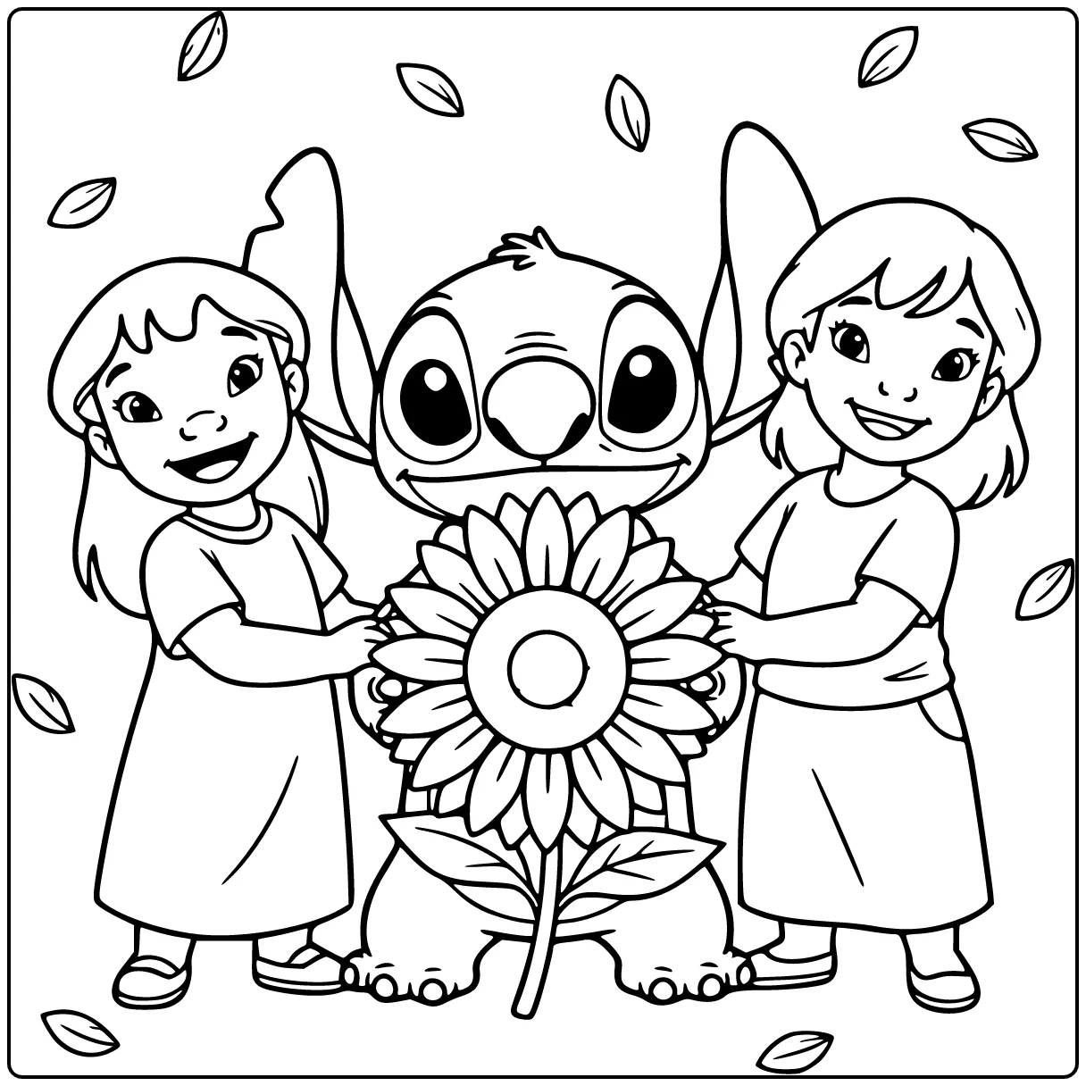 Stitch kleurplaat makkelijk met grote zonnebloem en Lilo