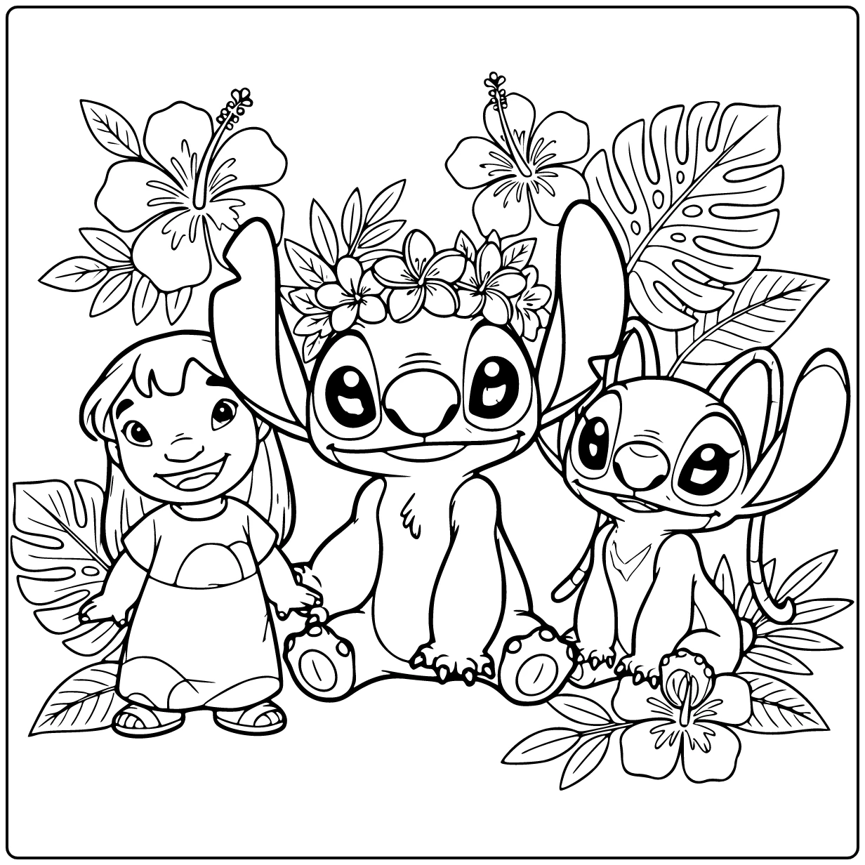 Stitch kleurplaat makkelijk met bloemenkroon, Lilo & Angel