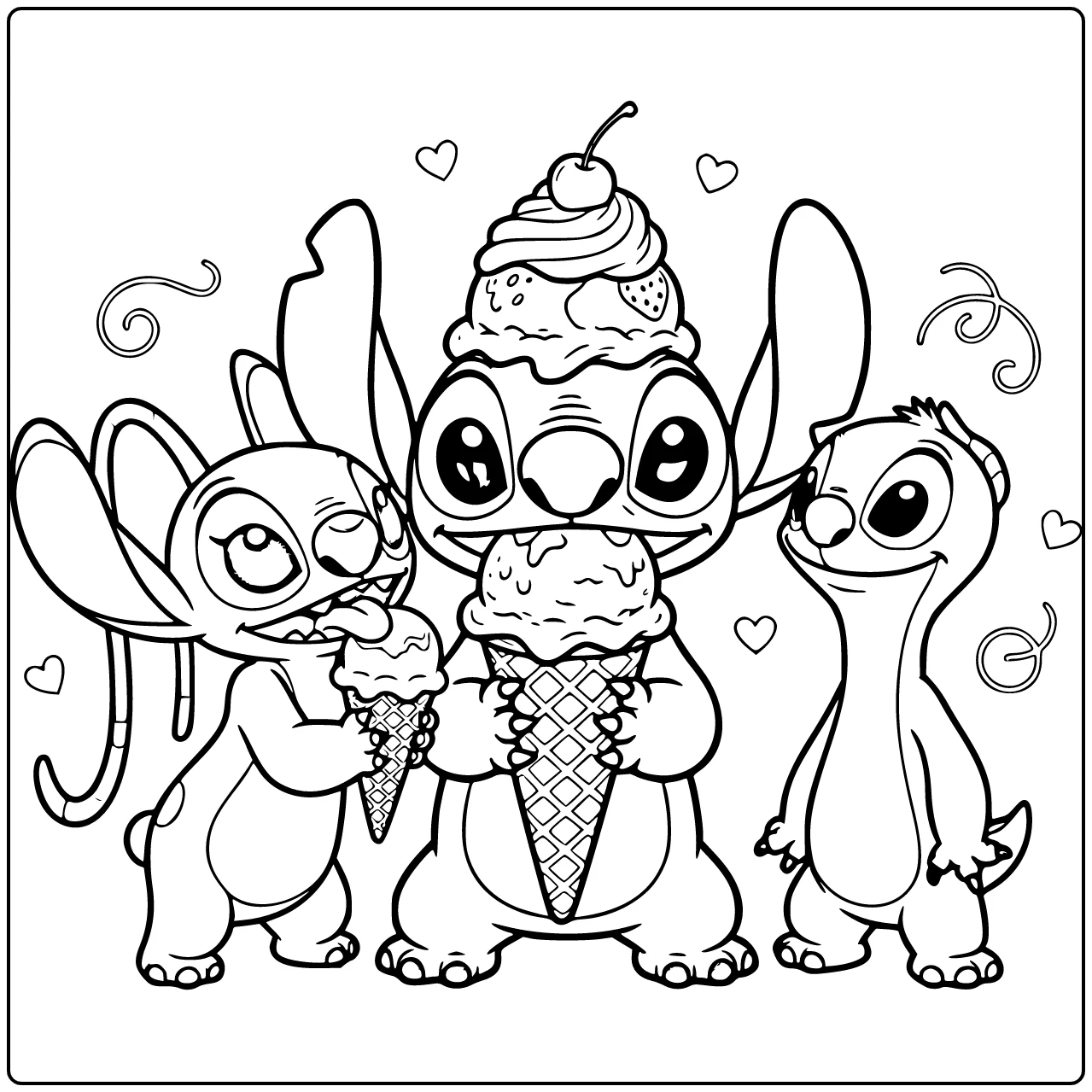 stitch kleurplaat makkelijk met groot ijshoorntje en Angel