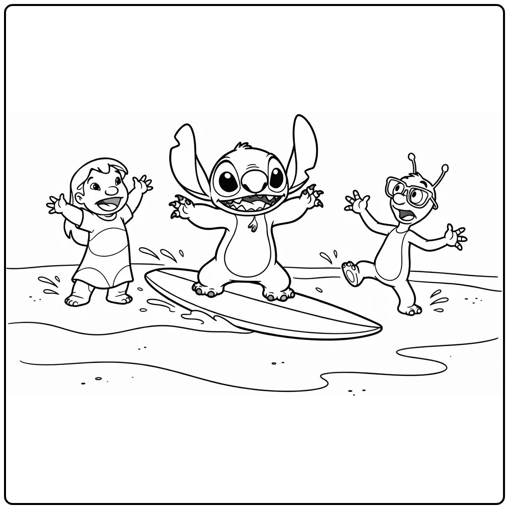 Stitch kleurplaat makkelijk met surfende Stitch en Lilo