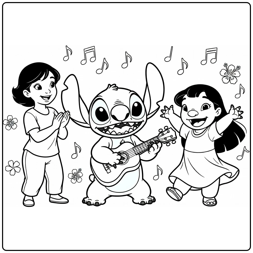 stitch kleurplaat makkelijk Stitch speelt ukulele Lilo danst