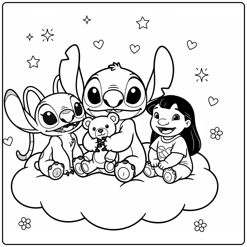 stitch kleurplaat schattig: Stitch op wolk knuffelt teddybeer