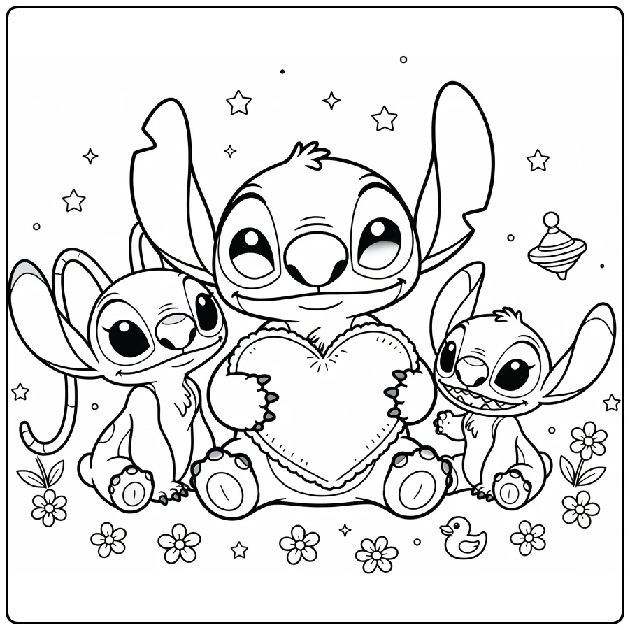 stitch kleurplaat schattig: Stitch met hartkussen