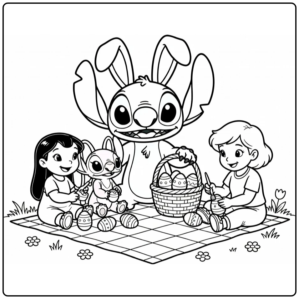 Stitch pasen kleurplaat met konijnenoren en paasei