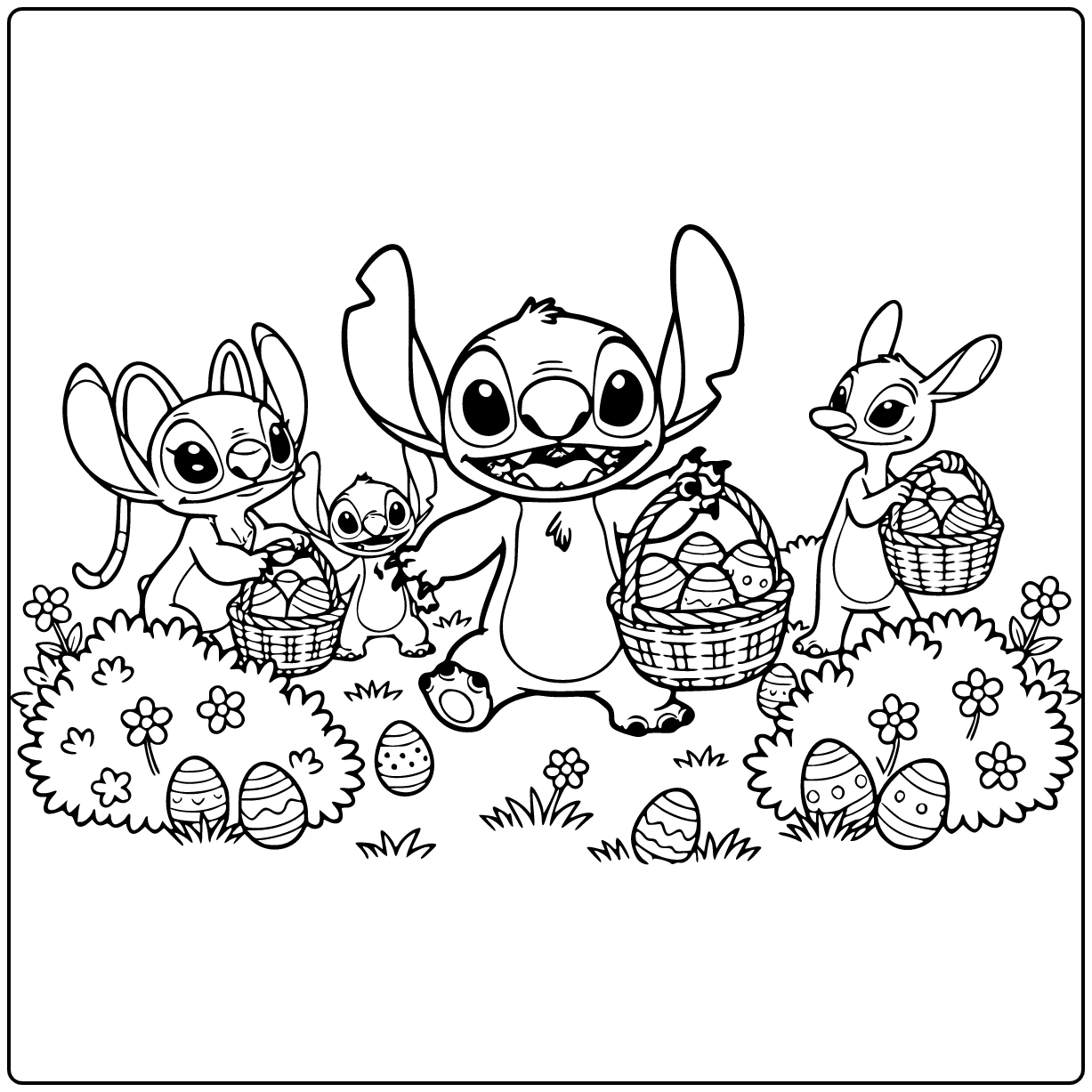 Stitch pasen kleurplaat: Stitch leidt paaseierenjacht met engel Scrump