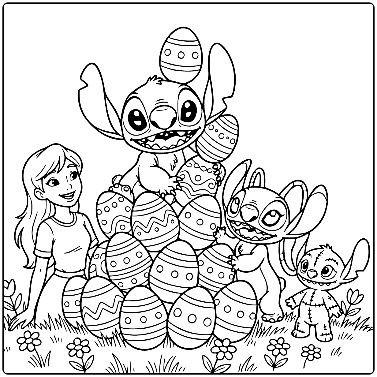 stitch pasen kleurplaat: Stitch springt uit paaseieren stapel