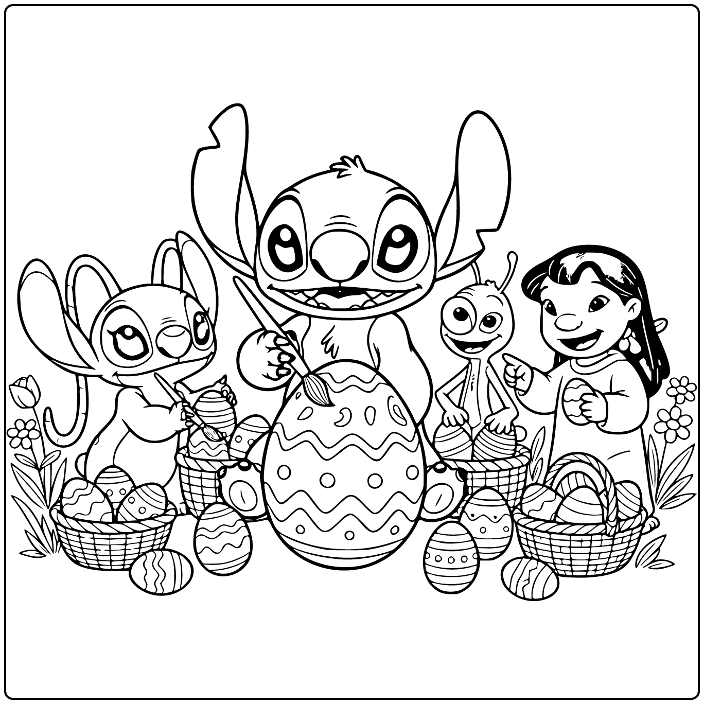 Stitch pasen kleurplaat: Stitch schildert reusachtig paasei