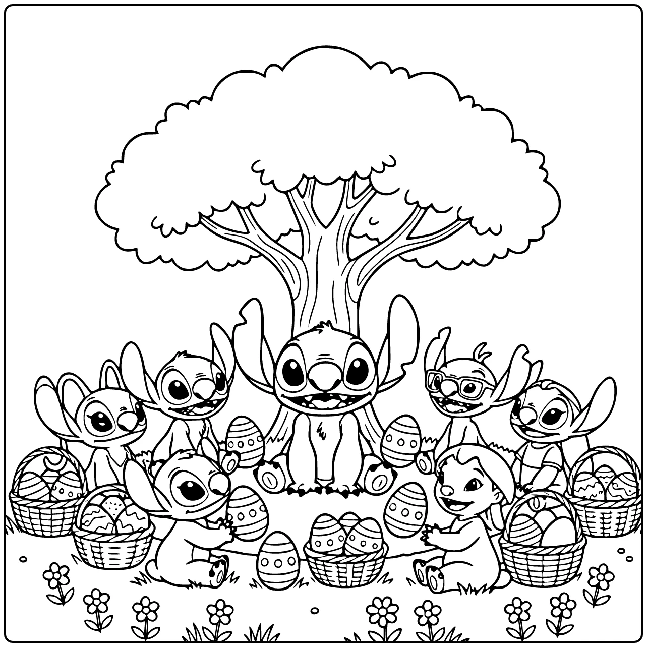 stitch pasen kleurplaat: Stitch onder boom met paaseieren