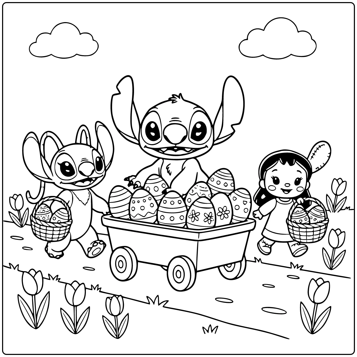 stitch pasen kleurplaat: Stitch in paaswagen met eieren