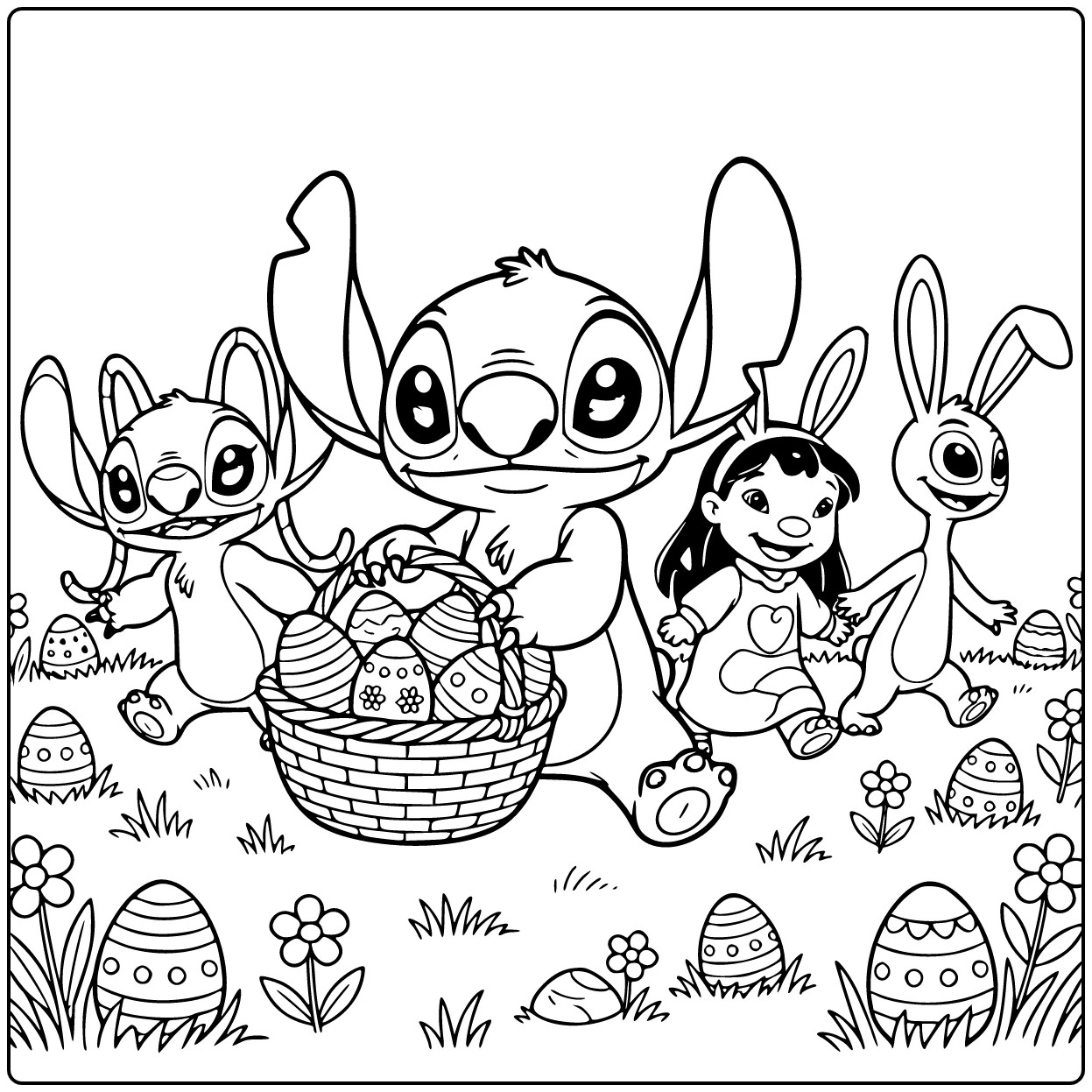 Stitch pasen kleurplaat met mand vol paaseieren