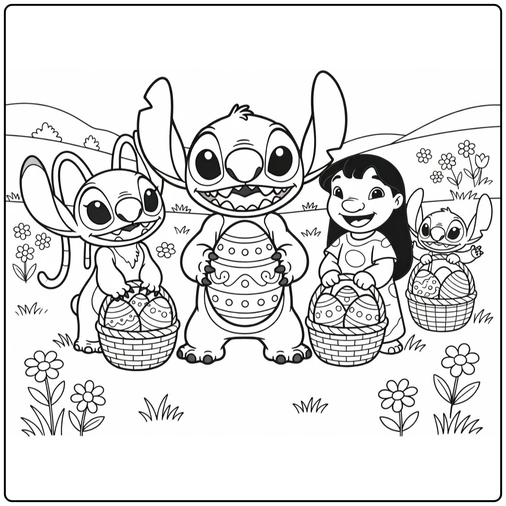 stitch pasen kleurplaat Stitch trots met groot versierd paasei