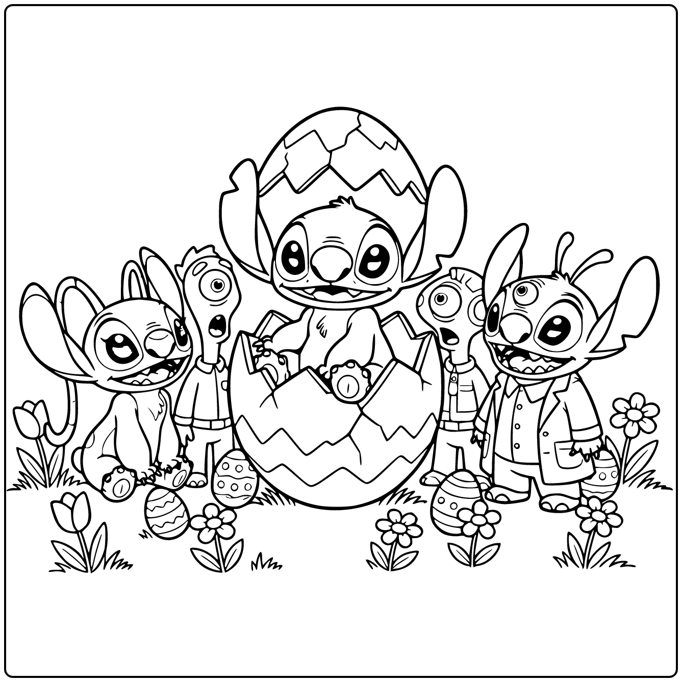 stitch pasen kleurplaat Stitch in gebarsten paasei