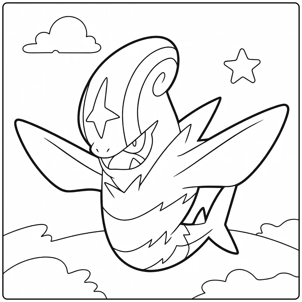 Pokemon Accelgor kleurplaat vliegend met wolken en sterren