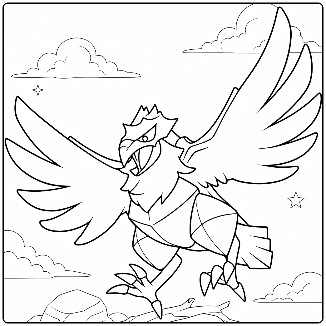 Pokemon Corviknight kleurplaat vliegend met wolken en sterren