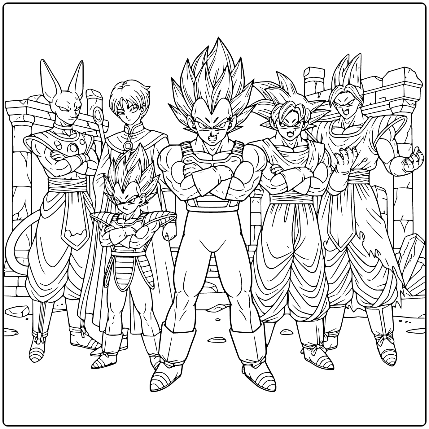 Vegeta kleurplaat: god met gekruiste armen en felle blik