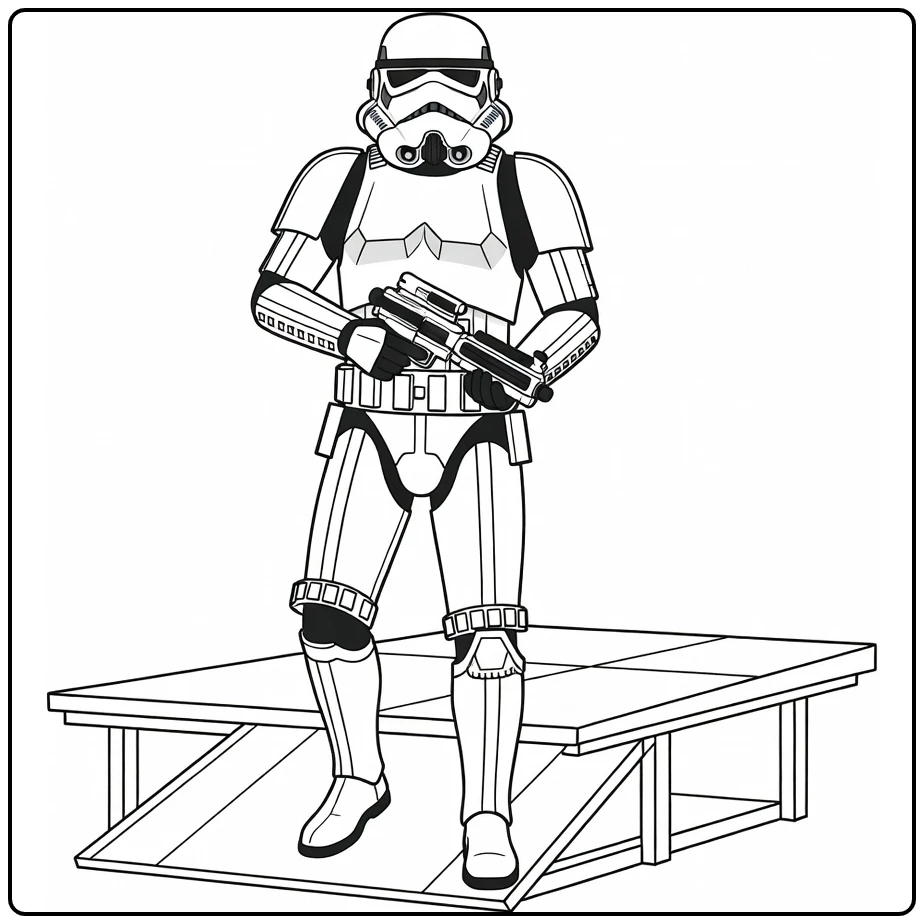 stormtrooper kleurplaat: soldaat stapt af van schip met blaster