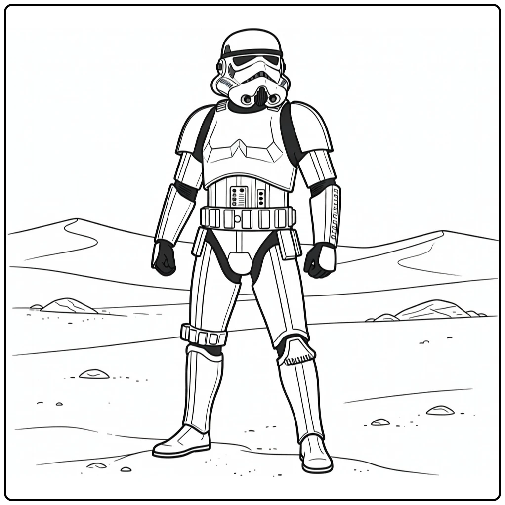 Stormtrooper kleurplaat op woestijnplaneet met duinen rotsen