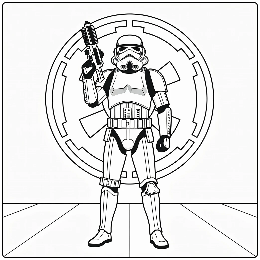 Stormtrooper kleurplaat heroïsch met blaster omhoog