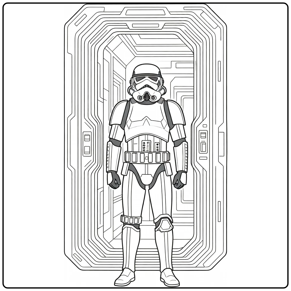 Stormtrooper kleurplaat: wacht bij imperiale deuropening