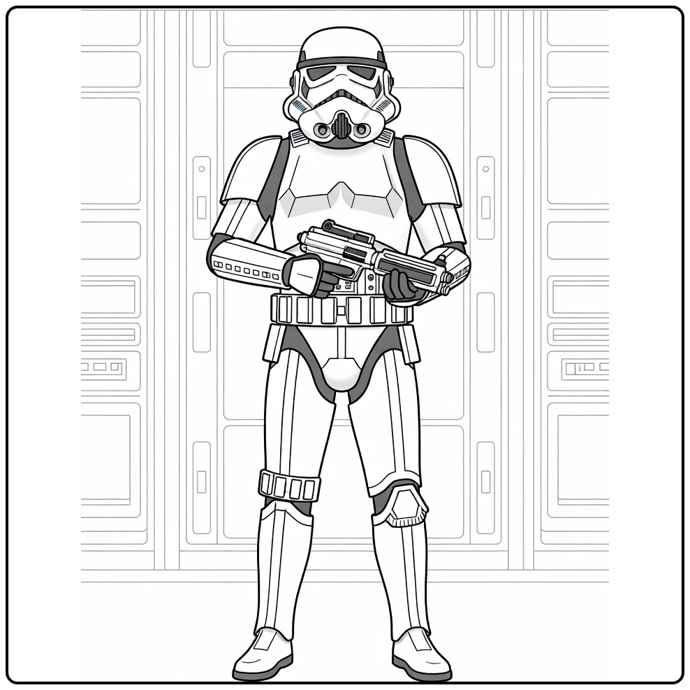 Stormtrooper kleurplaat: in Imperiale gang met blaster