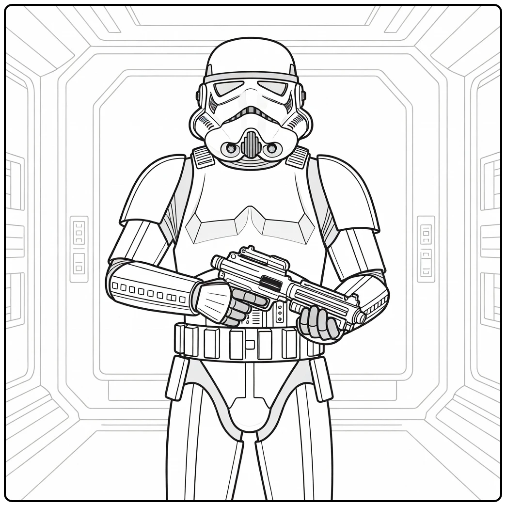 Stormtrooper kleurplaat staand in imperiale gang met blaster