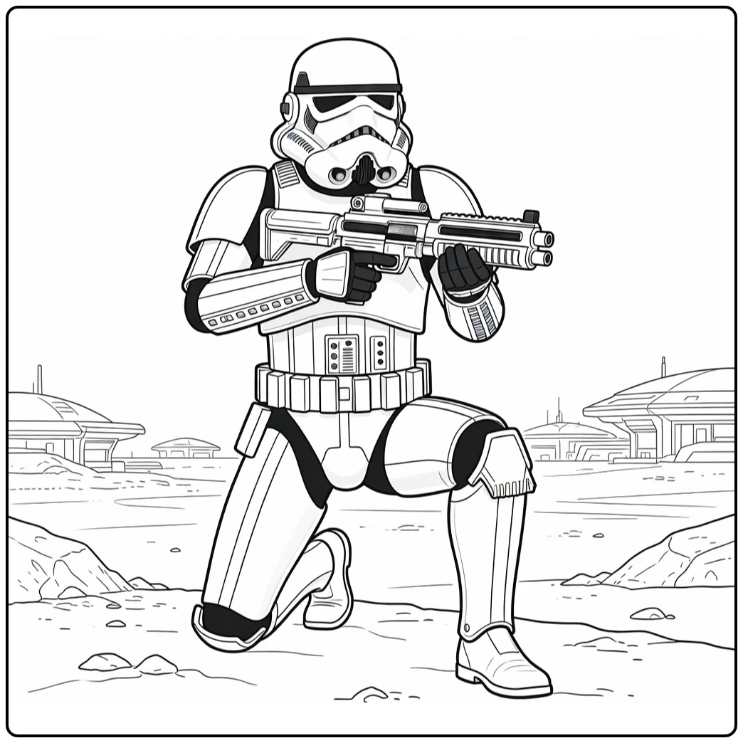 Stormtrooper kleurplaat: knielende trooper met blaster op rotsen