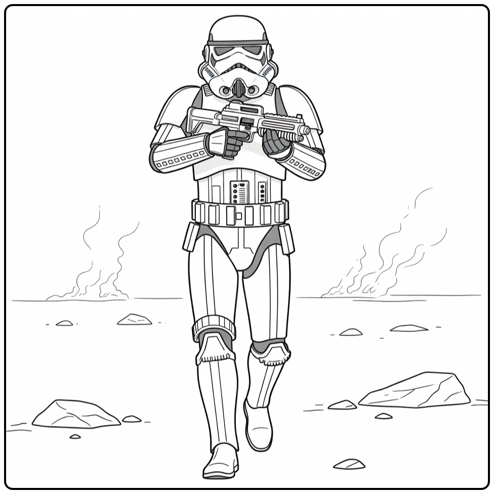 Stormtrooper kleurplaat: mars door slagveld met rook en rotsen