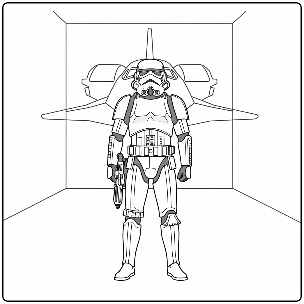 Stormtrooper kleurplaat officier met blaster in hangar