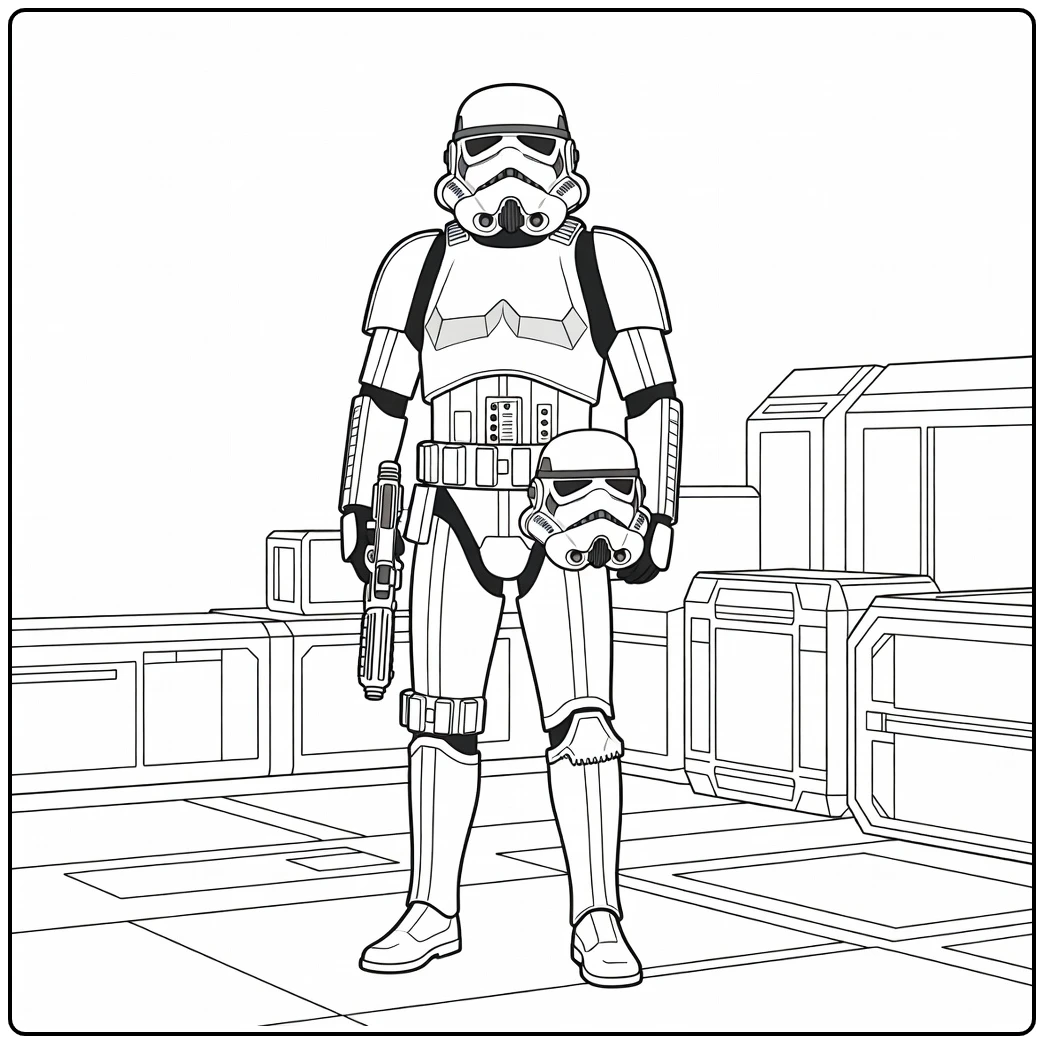 Stormtrooper kleurplaat: patrouille met extra helm aan riem