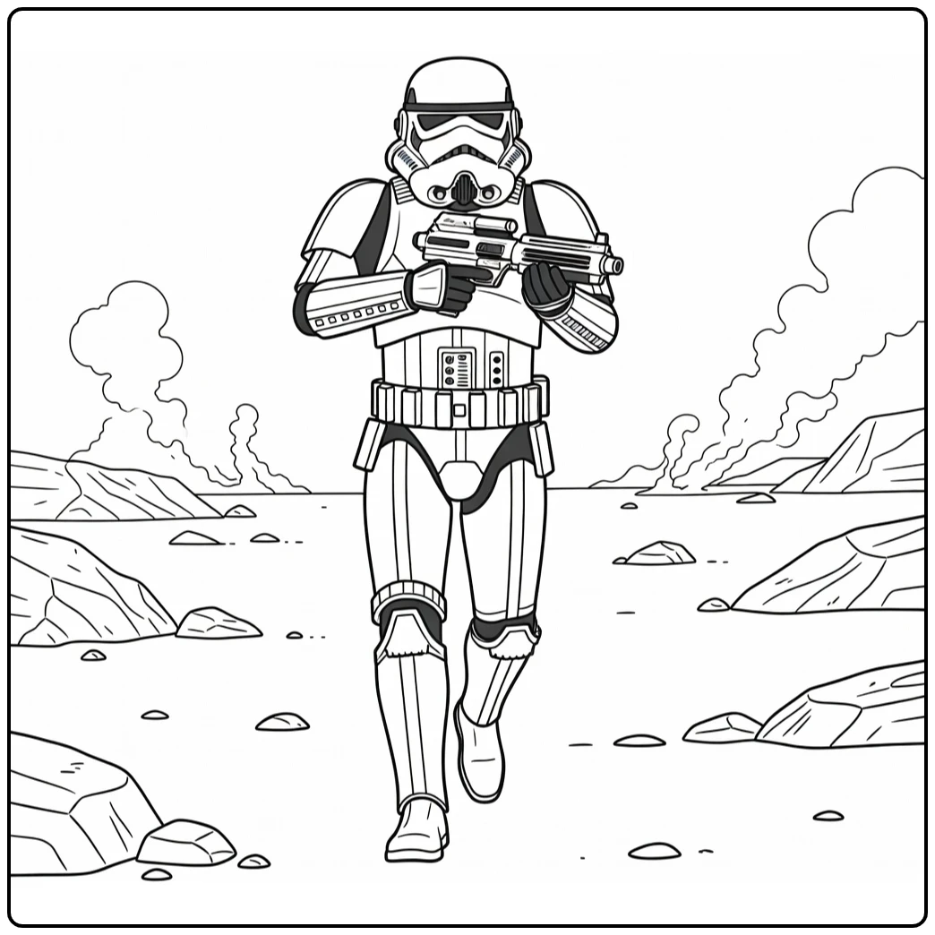 Stormtrooper kleurplaat: marsjeert door slagveld met blaster