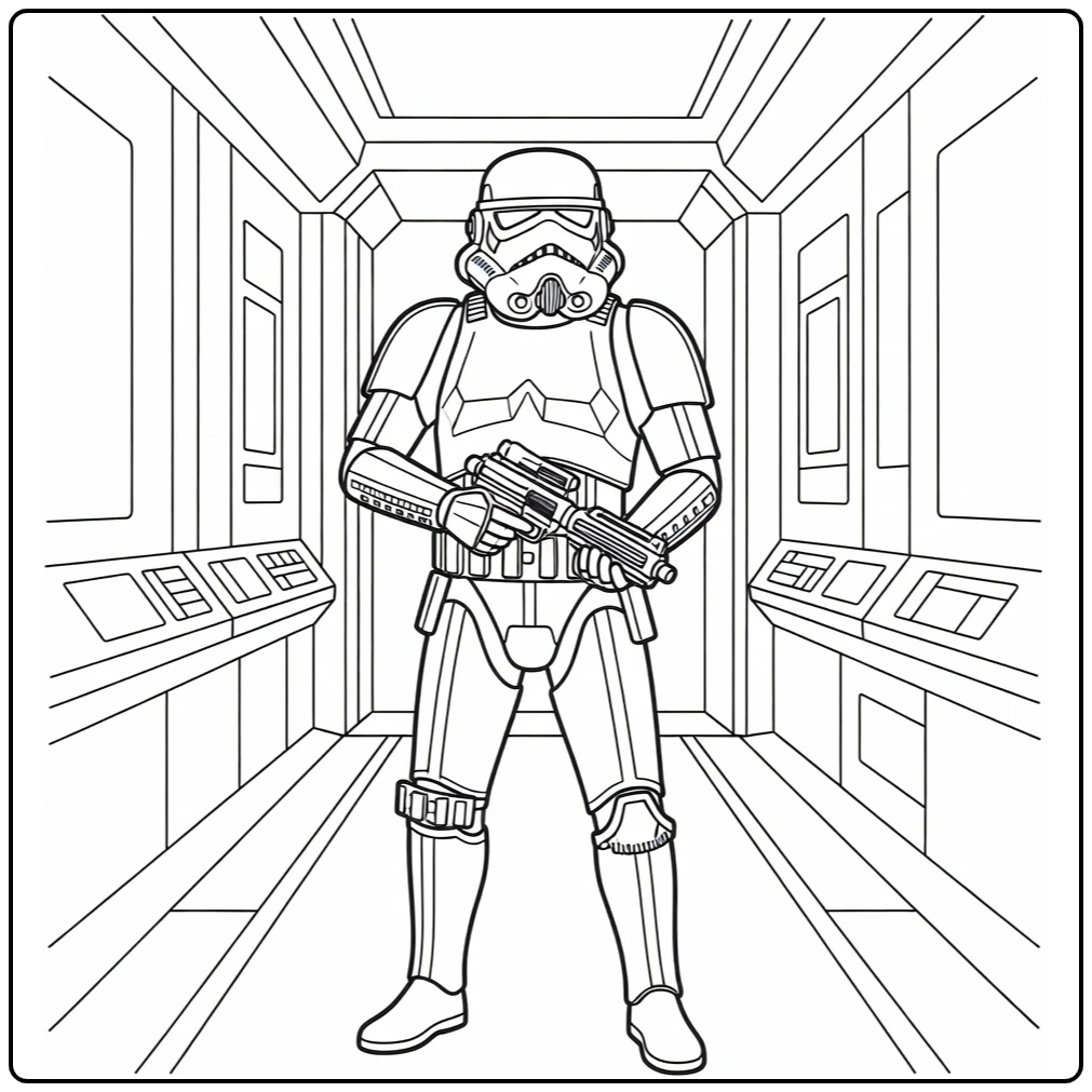 stormtrooper kleurplaat: patrouille met blaster in gang
